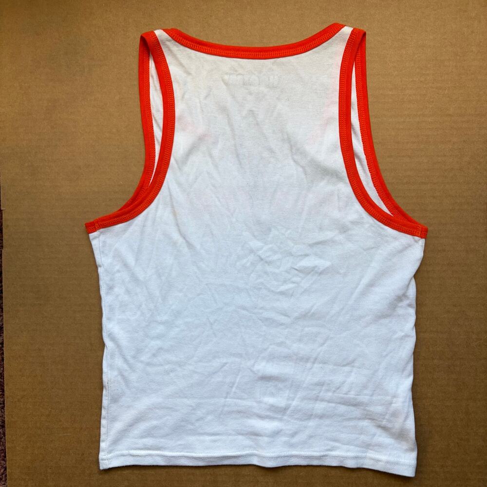 HOOTERS Retro White Tank Orange Trim Fitted Cropped Cotton Y2K Graphic Print Lg - Picture 2 of 6